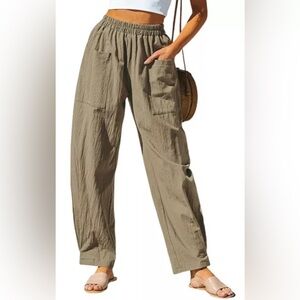 Women's Khaki Elastic Waist Patch Pocket Tapered Leg Pants